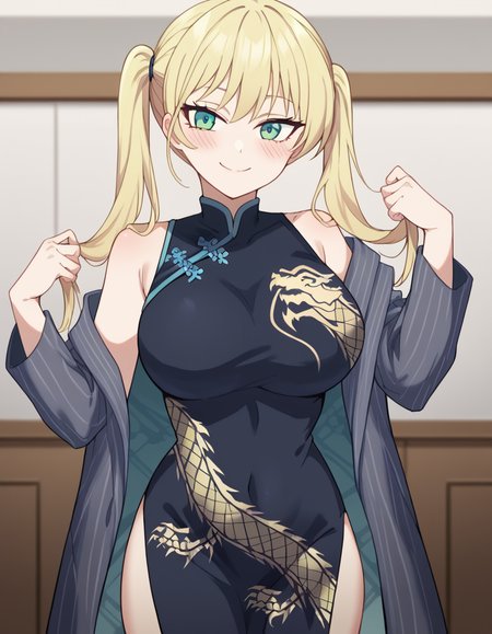 score_9, score_8_up, score_7_up, source_anime, <lora:rika-hoshizaki-s2-ponyxl-lora-nochekaiser:1>, rika hoshizaki, green eyes, blonde hair, twintails, large breasts,, <lora:blue-archive-kisaki-cosplay-ponyxl-lora-nochekaiser:1>, blue archive kisaki cosplay, kisaki (blue archive) (cosplay), dragon print, china dress, print dress, chinese clothes, pinstripe jacket, sleeveless turtleneck dress, cosplay, vertical-striped jacket, pinstripe pattern, pelvic curtain, striped coat, grey coat, black dress, sleeveless dress,, indoors, from side, blush, smile,, cowboy shot, looking at viewer