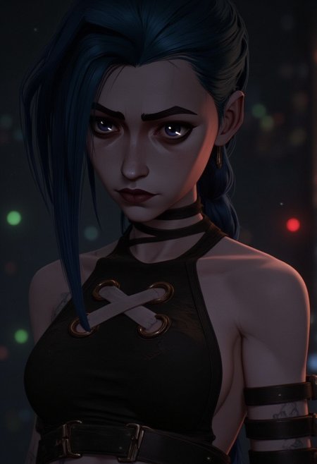 jinx, best quality, masterpiece , detailed face, face intricate detail, extremely detailed, great lighting, BREAK, quality, intricate details, cleavage, sultry, mesmerising expression, High contrast shadows, shafts of light, High Definition HD, High Detail, Perfect Composition,hkmagic, mythp0rt