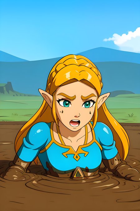 1girl, zelda\(princess\), partially submerged, sinking, mud, scared, screaming, close up, mud slime