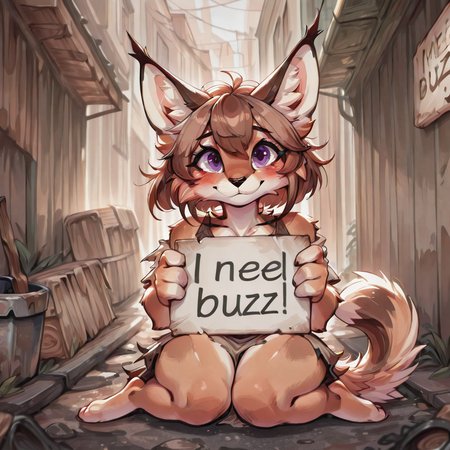 1girl, furry, anthro, feline, solo, cat girl, caracal cat, cat nose, brown hair, bob cut, hair flaps, wavy hair, purple eyes, megafluffy, petite, anthro, female, full body <lora:Mega_Fluffy_IL:1>  <lora:spo_sdxl_10ep_4k-data_lora_webui:0.9> <lora:illustrious_quality_modifiers_masterpieces_v1:0.9> masterpiece, best quality, very aesthetic   masterpiece, best quality, very aesthetic
 <lora:NeedBuzz_sign_Illustrious:1> need_buzz, 'I need buzz', holding sign, looking at viewer, smile, blush, sign between legs, legs apart, sitting, squatting, village background
 <lora:9_Poverty:1> poverty, 1girl, frown, torn clothes, looking at viewer, barefoot, dirty, blush, holding, sitting, alley, full body, dirty clothes, smile