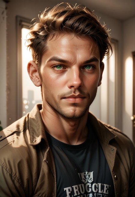 h0tp33p0, 1boy, male focus, facial hair, beard, solo, brown hair, green eyes, jacket, looking at viewer, shirt, realistic, portrait, short hair, black shirt, , score_9, score_8_up, score_7_up, score_6_up, score_5_up, score_5_up, score_4_up, cinematic lighting, cinematic angle, score_9, score_8_up, score_7_up, score_6_up, score_5_up, score_5_up, score_4_up