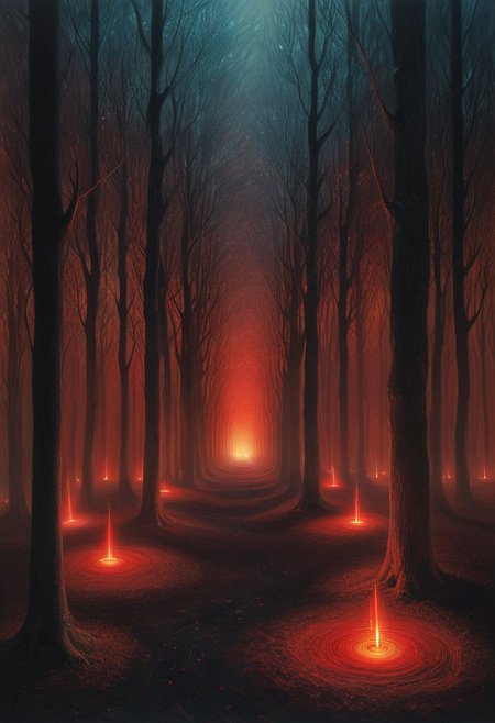 Luminous labyrinth, crimson horizon, whispering shadows, dancing embers, echoing silence
