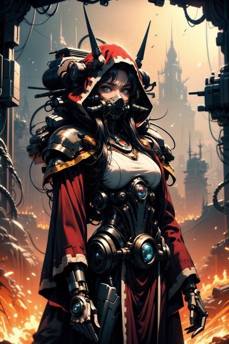 (masterpiece:1.4), (intricate:1.2), (detailed:1.2), (vibrant colors:1.2),  BREAK,
(epic:1.2), (science fiction:1.2), (futuristic:1.2), (cowboy shot:1.2), BREAK,
(solo:1.2),(techpriest:1.1), (robe:1.2), (hood:1.1), <lora:techpriest:1.0>,  <lora:techpunkmask_v0.5-000002:0.3>, (techpunkmask:1.2), (mechanical neck:1.2), BREAK,
(tech:1.2), (DonMM4ch1n3W0rld:1.0), <lora:Machine_World_SD15_version-000009:0.55>