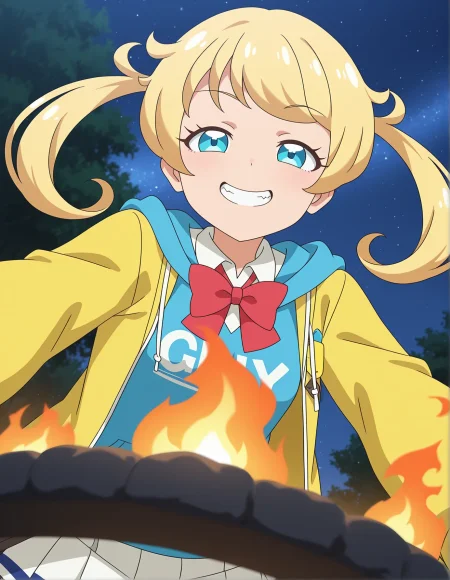 safe,best quality,very aesthetic,absurdres,newest,masterpiece,1girl,solo,highres,grin,evil smile,closed mouth,   ,anime coloring,,1girl, roasting marshmallows, camping, starry night, warm firelight, cheerful, solo, ,from below, ,half-closed eyes,,<lora:il-prichan-emo1.0:1>,kiratto pri chan,moegi emo,blue eyes,blonde hair,twintails,small breasts,yellow jacket,open jacket,collared shirt,bowtie,red bow,hood,blue hoodie,pleated skirt,white skirt,anime screenshot,
