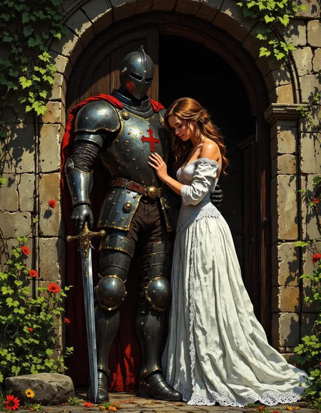 In a painterly style reminiscent of classical romantic art, depict a noble and tender scene: A knight in highly polished, dark full plate armor stands beside a fair lady in a flowing, ornate white gown. The knight's helmet obscures his face, adding to his imposing and stoic presence.  The lady, with her head gently bowed and soft features, wears a white gown with intricate lace-like details on the sleeves and skirt. She is positioned to the right of the knight and delicately places her hand on the hilt of a large, upright sword that the knight holds vertically, its point resting on the stone ground. An ornate cross emblem is visible on the knight's chest plate. They stand beside a weathered stone column or archway, partially overgrown with green ivy and foliage. The ground is stone-paved. The lighting is soft, diffused, and warm, highlighting the textures of the gown, armor, and stone. Capture the romantic, dignified, and slightly fairytale-like feel of a timeless, virtuous love, <lora:Vibrantly_Dark_style_v.1:0.3>, <lora:RetroAnimeFluxV1:0.35>, <lora:Dark Cinematic:0.8>, <lora:aidmaFLuxPro1.1_v0.3:0.6>, <lora:Cozy_Paradise:1>, <lora:- Flux1 - vanta_black_V2.0:0.7>