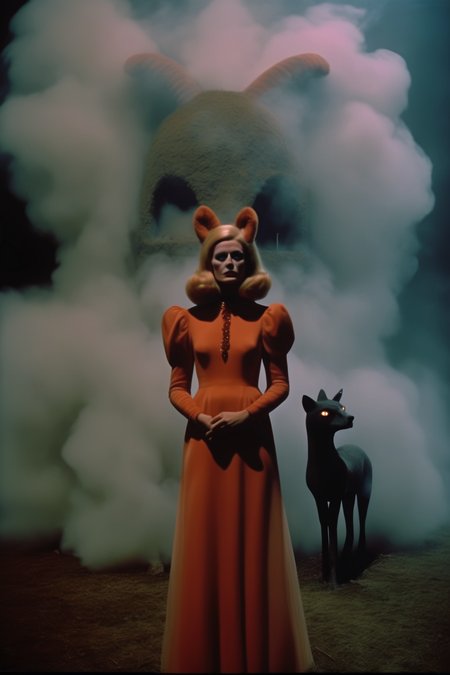 <lora:Director David Lynch style:1>Director David Lynch style - 1973 film still, horror movie, a beautiful woman standing in a graveyard filled with fake smoke, she is wearing a full body animal costume, heavy lighting, atmospheric, cinematic, wide angle, style1973, inspiredthe wickerman