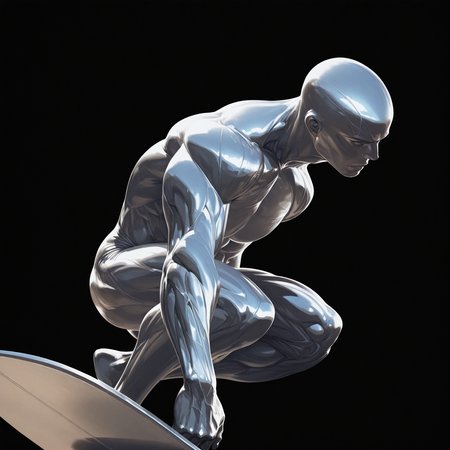 <lora:SILVER_SURFER:1.5>silver_surfer, solo, simple background, 1boy, male focus, feet out of frame, muscular, colored skin, bodysuit, abs, muscular male, squatting, black background, realistic, bald, on one knee, superhero, alien, surfing, traditional media, veins, motion blur, film grain, abstract, natural lighting, fantasy, cinematic, dynamic view, tilted angle, very awa, masterpiece, best quality, absurdres, newest, perfect quality, detailed background, intricate details,  (artist:fl \(l-fl\):0.7), (artist:tooboshoo:0.7), (artist:dizdoodz:0.8)
