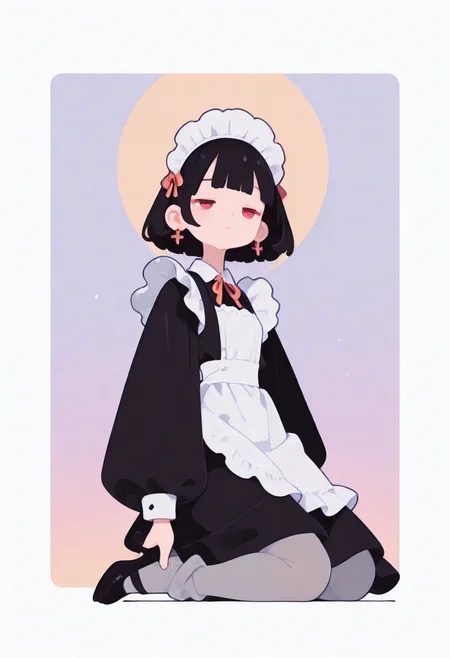 masterpiece, best quality, amazing quality, absurdres, newest, 1girl, solo, black hair, bobcut, red eyes, blunt bangs, tight gossamer very short victorian black maid dress, maid apron, 
medieval tavern in pastel color  background with thick white border,
half closed eyes, distant gaze, unfocused eyes, 
popping out of background, full body, from below, kneeling on one knee, windy, 
dynamic pose, 
grey tights, skinny upper body, matte grey tights, thick greytights, pumps,
 [skinny upper body], translucent skin, [[chubby thick legs]], bottom heavy,
skindentation, thick ankles, chunky ankles,
ultra-realistic, Flatline, Flat vector illustration, haiz_ai, no lineart, no outline,
pplegs,  
<lora:haiz_ai_illu:0.8> <lora:flatline:1.65>  <lora:ponyv6_noobE11_2_adamW:0.25>  <lora:Slider-LimbWidth:1.75> <lora:Slider-LegLength:-1.5>  <lora:v0.04_Concept_pony:0.45>