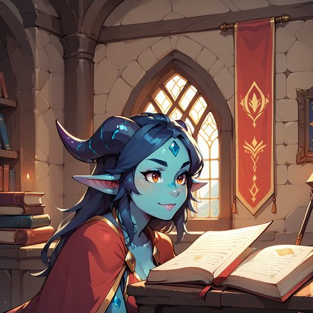 score_9, score_8_up, score_7_up, dragon woman, blue skin, dragon woman, medium breasts, mage robes, adventurer, face focus, dragon wings, close up, indoors, castle interior, banner, window, magic, book, mage  <lora:blue_dragon_lady_06_resized:0.8>