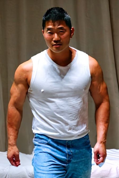 asian sexytrainer, white t shirt, light-blue jeans, realistic, masterpiece, intricate details, detailed background, depth of field, photo of a handsome, dynamic pose, sweaty, sidepec, exercise, natural face expression, detailed Hunter Kang face, fixed Hunter Kang face, big remarkable nipples covered by sleeveless shirt, lying on the bed in his room, east Asian face, eye opened clearly