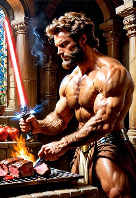 puppy wolverine Obi-Wan, grilling beef on light saber, 
Oil Painting, 
(Renaissance Paintings, Renaissance style, beautiful, painterly, detailed, textural, artistic),  (((intricate details, highly detailed, ultra-detailed, absurdres))), (unreal engine, octane rendering, Anti-Aliasing, sharp focus, natural lighting, high saturation, high contrast, vivid, vibrant, studio lighting, best texture quality), beautiful detailed scenery,
Style-Renaissance