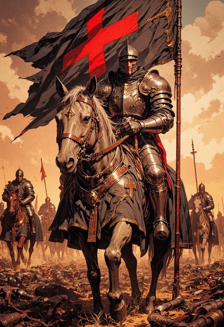 An epic medieval battle scene featuring armored knights on horseback, carrying flags with crosses. The central figure is a knight in detailed silver armor with a red cross-emblazoned shield, holding a large tattered flag. The background is smoky and chaotic, with silhouettes of marching soldiers. The atmosphere is dramatic, with painterly textures and warm tones highlighting the intensity of the battlefield