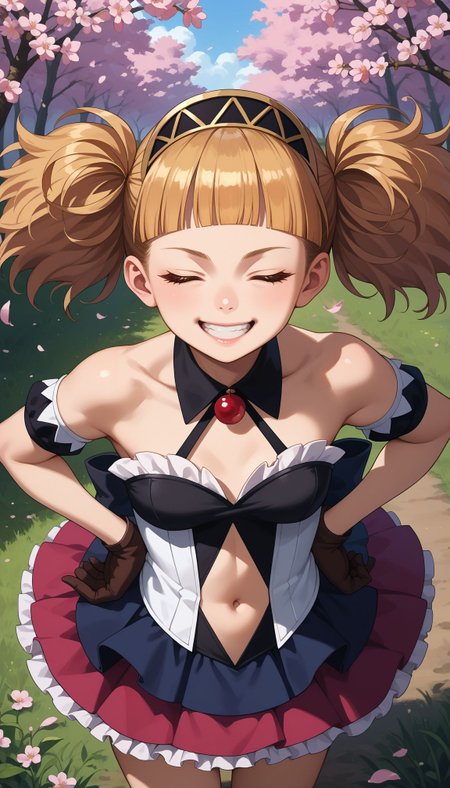 score_9, score_8_up, score_7_up, source_anime, ,outdoors,cherry blossoms,standing,cowboy shot,smile, flower field, grin, from above
 <lora:Hlokk :1>, Hlokk , 1girl, closed eyes, twintails, open mouth, navel cutout, frilled skirt, bare shoulders, detached collar, hands on own hips, clothing cutout, blunt bangs, hairband, gloves, standing, breasts, cowboy shot, frills