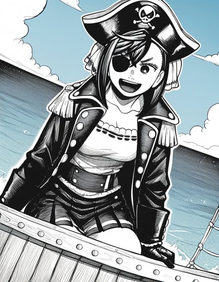 score_9, score_8_up, score_7_up, source_anime, <lora:momo-ayase-manga-ponyxl-lora-nochekaiser:1>, momo ayase, short hair, bangs, thick eyebrows, monochrome, greyscale, medium breasts,, <lora:pirate-costume-ponyxl-lora-nochekaiser:1>, pirate costume, pirate hat, skirt, gloves, jacket, shirt, eyepatch,, blue sky, sea, ocean, pirate ship, treasure, gold, smug, open mouth, from below, sitting,, , dutch angle, cowboy shot