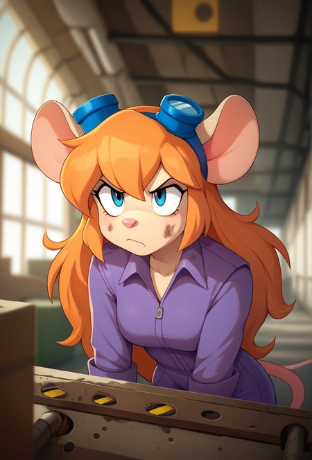 score_9, score_8_up, score_7_up, score_6_up, score_5_up, score_4_up,  <lora:marblesoda_style_ponyXL_v1.2:1> marblesodastyle, (depth of field:1), factory, machinery,
1girl, solo, furry, gadget hackwrench, mouse ears, orange hair, long hair, purple jumpsuit, goggles on head, leaning forward, close-up, annoyed, dirty face, dirty clothes