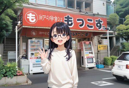 score_9, score_8_up, score_7_up, rating_safe, masterpiece, best quality, absurdres, unity 8k wallpaper, official art, official style, source_anime, uncensored, game cg, megami magazine,
1girl, solo, glasses, black hair, long hair, white ribbed sweater, happy, smile, looking at viewer, open mouth, solo focus, waving, 
moccos, scenery, storefront, japan, outdoors, plant, vending machine, road, tree, car, sign, real world location, building, street, storefront, potted plant, close-up
<lora:moccosu_pony_V1:1>