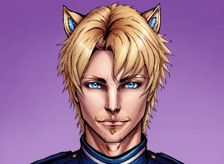 Tiergan Aisi Solas, 1boy, male focus, solo, solo focus, nekopara, blonde hair, facial hair, gayer than gay, gay nightmare, friendly, 80s style clothing, blue eyes, american heritage, detailed face, detailed eyes, specular highlights, best illustration