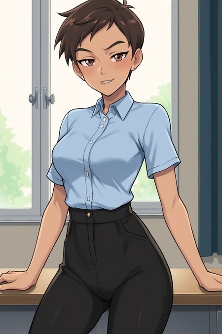 PonyXLV6_Scores BREAK ((parody, anime coloring), perfect anatomy, perfect eyes, cowboy shot), <lora:add_details_xl:0.8> BREAK <lora:Lois_Lane_-_MAWS:0.8> 1girl, dark-skinned female, tomboy, short hair, brown hair, brown eyes,  flirting, raised eyebrow, half-closed eyes, biting lip, blushing, ((looking at viewer)), jewelry, stud earrings, stud earrings, blue shirt, collared shirt, short sleeves, black pants, medium breasts, curvy, toned, athletic, seductive pose, leaning back on desk, luxurious office, indoors