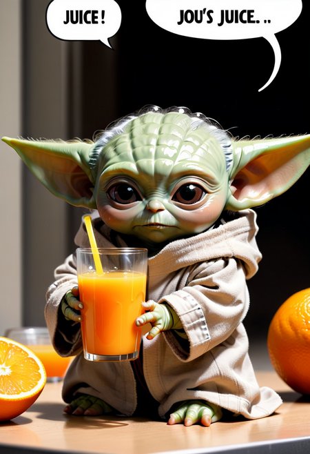 Baby Yoda drinking orange juice,  Comic strip speech bubble says "JUICE".
Steps: 30, Sampler: Euler, CFG scale: 12.0, Seed: 140875075, Size: 832x1216, Model: starlightAnimated_v3-5