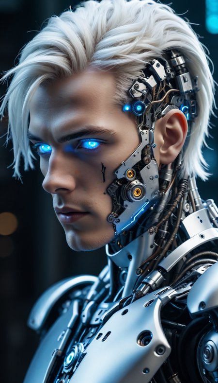 a dramatic fantasy portrait of an epic cyberpunk android young male model robot, covered in glowing mechanical parts and white PVC panels, sporting medium length silver hair, intricately detailed,  light-blue-eyes, chiaroscuro, (perfectly-lit, crisp focus, absurdres, 8k UHD, HDR, vivid color, depth of field, contrast, clarity, balance), <lora:sdxl_lightning_8step_lora:1>