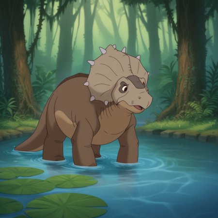 score_9, score_8_up, score_7_up, score_6_up, score_5_up, score_4_up, source_furry, thicknoselbt, feral, male, dinosaur, crest, spikes, Pachyrhinosaurus, brown skin, brown eyes, standing, water, pond, wading, forest,