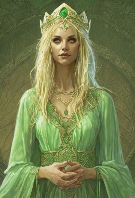 imcc style, 1girl, woman, thirties, beautiful priestess, blond hair, diademe, light green dress, fantasy
