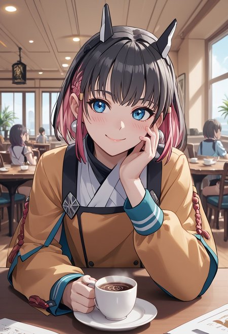 score_4,score_5,score_6,score_7_up,score_8_up,score_9 ((masterpiece,best quality,ultra detailed,highres,HD,4k:1.2)), 
1girl, solo,solo focus,girl focus,face focus,
multicolored hair,short hair,black hair,pink hair,blue eyes,tattoo,sidelocks,black head gear,black head ornaments,earrings,small breast,
indoor, cafe, pov date, across table pov, across table, Coffee on the table,sitting, hand, right_hand,right_hand touching face, left_hand, left_hand on table, left_hand placed horizontal, happy,smile,blush,