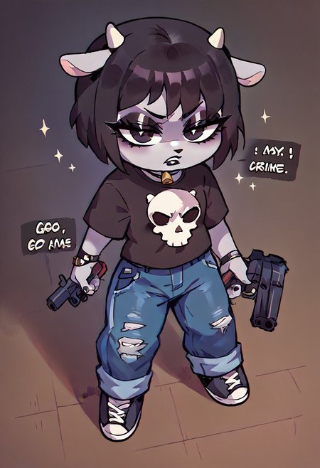 , Score_9, score_8_up, score_7_up, score_6_up,  Rammy black hair, grey fur, bob cut, anthro, cow horns, black T-shirt white skull,  jeans black sneakers black lipstick black eyelashes GODOACRIME,  english text, gun,  chibi