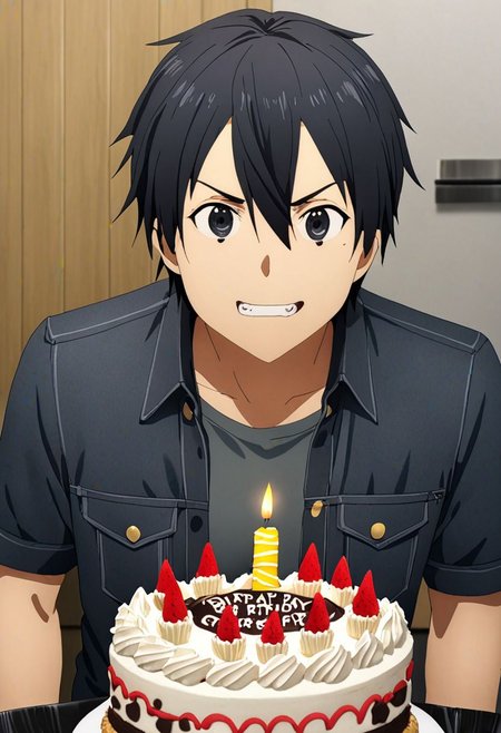 high resolution, professional photography, best quality, 1Boy, Kirigaya Kazuto, Black Hair, Black Eyes, overalldetail, surprise, birthday surprise, funny, birthday cake, birthday party
