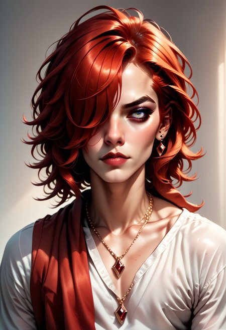 h0tp33p0, solo, male focus, 1boy, red hair, necklace, jewelry, makeup, hair over one eye, score_9, score_8_up, score_7_up, score_6_up, score_5_up, score_5_up, score_4_up