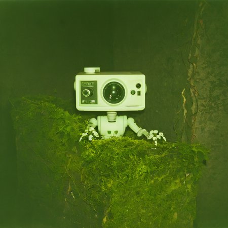 (a polaroid film photography:1.2) of a futuristic robot, turned off, moss and vines growing on it, glowing display on chest, grainy photo, faded film, soft focus