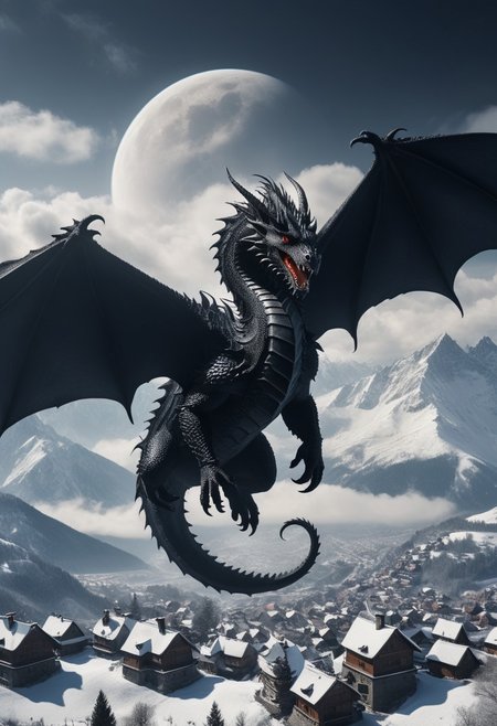a dark demonic dragon is flying in the air in circles, snow peaked mountains in background, small village, very detailed, masterpiece, adventurous, cloudy sky,  with a sense of wonder and curiosity, cinematic
(8k uhd:1,4)
<lora:add-detail-xl:1>
<lora:WildcardX-XL-Detail-Enhancer:1>
<lora:MJ52:0.375>
<lora:CinematicStyle_v1:0.42>