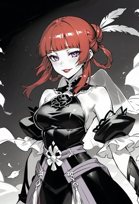 score_9, score_7_up, source_anime, BREAK  <lora:Taiki Dendro:0.9> taiki, art, black wedding dress, purple dress, black veil, cowboy shot, feather trim, monochrome,, solo, seductive smile, red lips,
1girl, purple eyes, red hair, blunt bangs, medium breasts, low hair rings,