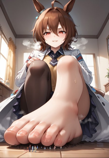safe_pos, score_9,score_8_up,score_7_up, source_anime BREAK 1girl, foot focus, feet, covered feet, pantyhose, foreshortening, solo, straight_legs, ((steamy_feet)), giantess, giant, huge woman, POV,stepping on viewer, jitome, half-closed eyes, smug, biting lip, looking down, horny, blushing,(standing up looming above viewer),size difference, shrunken man under foot,under_foot_tiny, bedroom, cute bedroom, messy room,

Agnes Tachyon,1girl, jewelry, purple eyes, purple hair, messy hair, animal ears, orange eyes, solo, horse ears, red eyes, bangs, medium hair, short hair, brown eyes, ahoge, horse tail, brown hair, green hair, earrings, horse girl, hair between eyes,single earring, long sleeves, sleeves past wrists, sleeves past fingers, collared shirt, black shirt, yellow sweater, sweater vest, black necktie, short necktie, open coat, white coat, labcoat, test tube, vial, zipper, black pantyhose,

giantess, steam, sweat steam, view from below, (extreme low angle view), cowboy shot, view from the floor looking up,