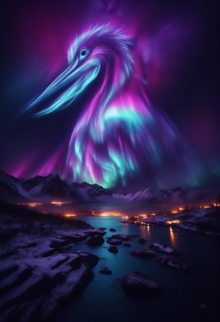 Digital artwork showcasing a breathtaking aurora borealis display in a nighttime landscape. The central subject is a pelican, stylized in glowing, ethereal colors, rendered in vibrant hues of purple and blue, appearing to be formed by the swirling aurora lights.