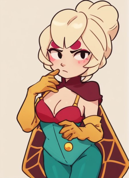 score_9, score_8_up, score_7_up,   <lora:bscharlie:1> 1  girl , bscharlie , blonde hair  , hair bun,  yellow gloves  ,elbow gloves,  green bodysuit, red bra , red cape, cleavage, , green pantyhose, bare arms,   looking at viewer, ,blush,   <lora:Yagi_the_Goat_Style:1>by s1120411