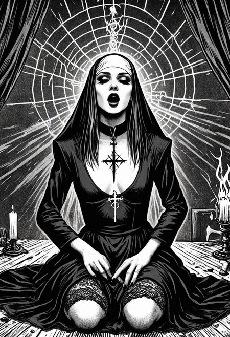 drawing, gothic, digital illustration, flat colors, line art, heavy film grain, black and white, 19 year old nun, satanist, doing incanttion, black magic, ritual, black lodge,  sexy, creative angle, sexy poses