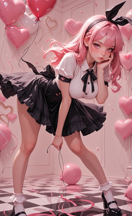 1girl, solo, long hair, breasts, looking at viewer, blush, shirt, large breasts, skirt, red eyes, holding, bow, ribbon, closed mouth, jewelry, standing, white shirt, full body, pink hair, braid, hair ribbon, short sleeves, heart, hair bow, frills, hairband, parted lips, shoes, collared shirt, socks, puffy sleeves, black skirt, pink eyes, black footwear, high heels, puffy short sleeves, legs, black bow, neck ribbon, black ribbon, buttons, leaning forward, white socks, frilled skirt, hand on own face, mary janes, reflection, balloon, checkered floor, bobby socks, reflective floor, heart balloon, holding balloon, CivChan