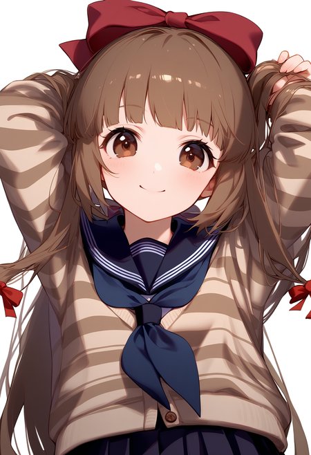 1girl,
yorita yoshino,


blush, pleated skirt, striped clothes, holding, school uniform, blunt bangs, solo, serafuku, red ribbon, simple background, blue sailor collar, cardigan, standing, brown eyes, red bow, neckerchief, hair bow, smile, ribbon, bow, white background, light brown hair, striped cardigan, cowboy shot, white stripes, blue skirt, two-handed, very long hair, long hair, skirt, closed mouth, sailor collar, blue neckerchief, holding hair, looking at viewer, arms behind head, arms up, sleeves past wrists, ponytail,

sfw
<lora:a31_char_new_yorita_yoshino-000016:1> <lora:a31_style_koni-000010:0.8>