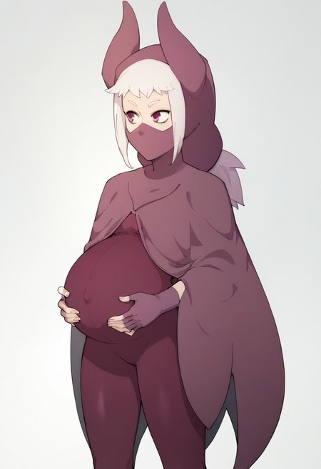 score_9, score_8_up, score_7_up, mask, 1girl, solo, pregnant, norawakfu, white hair, purple eyes, hood, horns, hood, horns, cloak, fingerless elbow gloves, bodysuit, cape, standing, holding belly, covered belly, covered navel, white background,
