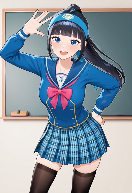 masterpiece, best quality, very aesthetic, absurdres, 1girl, solo,
<lora:fuji_aoi_v01:0.8>, virtual youtuber, aoi_costume1, black hair, long hair, ponytail, blunt bangs, blue eyes,
headband, school uniform, blue serafuku, long sleeves, pink bow, plaid skirt, zettai ryouiki, black thighhighs, smile, open mouth, posing, hand on own hip, arm up