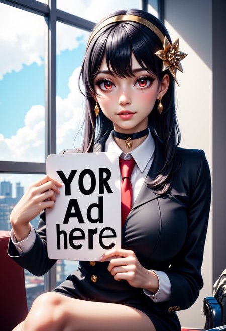 yor briar, 1girl, solo, long hair, business suit, formal,  
holding big sign that says "Yor Ad Here",  
smile, 
(upper body),
red tie, looking at viewer, black hair, hair ornament, red eyes, sitting, flower, sidelocks, hairband, earrings, parted lips, sky, choker, cloud, hair flower,  blurry, lips, blurry background, sitting in office, ready to work, red lips, gold earrings, gold hairband,