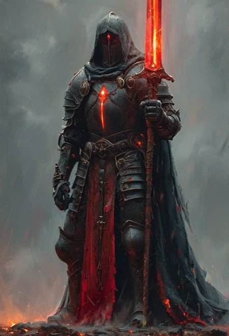 A stunning, highly detailed dark fantasy full body illustration of a proud demonic warrior wearing intricate medieval black HKStyle armor and an epic black ornamented mask, (holding a great crimson glowing spear) , cape, red glooming eyes, very wide shoulders, wearing big gauntlets, (crimson aura around body:1.5),epic composition. The warrior stands heroic with a flowing cloak and black hood during a storm with foggy gloom, thunderclouds in the background . The scene depicts him with brooding emotional agony , style by Greg Rutkowski, by Milo Manara and Russ Mills, with insanely intricate details and textures, gloomy dramatic lighting, 8K resolution