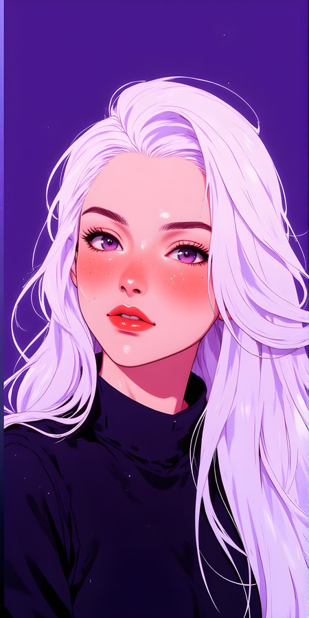 The image features a striking portrait of a person with long, flowing white hair that cascades over their shoulders. The individual has captivating purple eyes and fair skin, with subtle freckles adding a touch of natural charm. Their expression is calm and composed, with a slight tilt to their head, giving an air of confidence and poise. They are wearing a dark, high-necked top that contrasts beautifully with the vibrant purple background, which enhances the ethereal quality of the scene. The overall composition is elegant and modern, with a focus on the serene and radiant appearance of the subject.
j_art, anime, anime art, <lora:FLUX\jul\J_Anime:0.7>, <lora:FLUX\RealAnime:0.7>