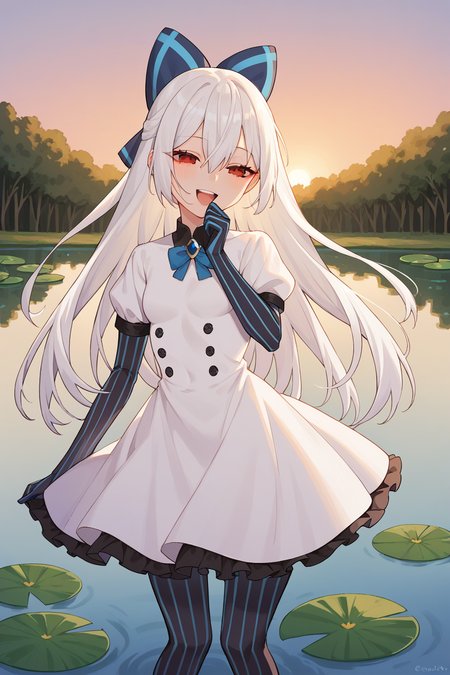 score_9, score_8_up, score_7_up, source_anime, 1girl, prefect lighting, very aesthetic, intricate details, highly detailed background, masterpiece, high quality, prefect hands, best quality, solo,
<lora:Tokarev_Girls_Frontline_V1:.85>, KJOtokarev, white hair, red eyes, long hair, hair between eyes, half-closed eyes, 
hairbow, white dress, striped gloves, striped legwear, puffy short sleeves, collared shirt, 
smug, laughing, open mouth, hand over mouth, looking to the side, 
lily pad, pond, sunset, trees, wooden rails, 
(Beautiful, small Breasts:1.2), natural breasts,