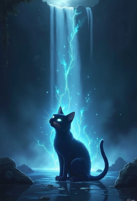 mysterious magical glowing cat in front of waterfall, anime style, night time, fantasy