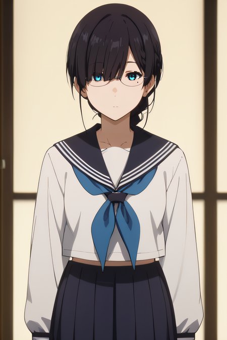 score_9, score_8_up, score_7_up, source_anime, rating_safe, intricate details, anime screencap, official style, 1girl, solo, <lora:Juumonji_Kaho:1>, juumonjikaho, black hair, blue eyes, glasses, hair over eye, mole under eye, single braid, school uniform, serafuku, pleated skirt, blue skirt, black thighhighs, looking at viewer, expressionless, indoor, cowboy shot
