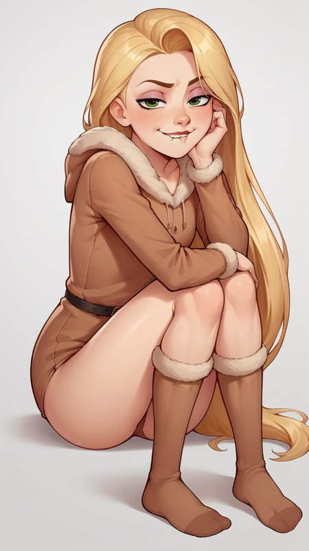 score_9, score_8_up, score_7_up, score_6_up, score_5_up, score_4_up, 1girl, rapunzel, blonde hair, very long hair, hair infront, knee high socks, 33v33, full body, onesie, biting own lip, half-closed eyes, smirk, white background, sitting, knees up, looking at viewer, leaning forward, <lora:33v33XLP:0.6>