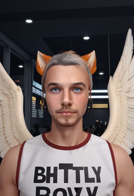 Roiadan Vanzey, solo, looking at viewer, blue eyes, 1boy, animal ears, upper body, grey hair, male focus, wings, facial hair,  feathered wings, freckles, nightclub scene, windows, signs, PonyXLV6_Scores zPDXL