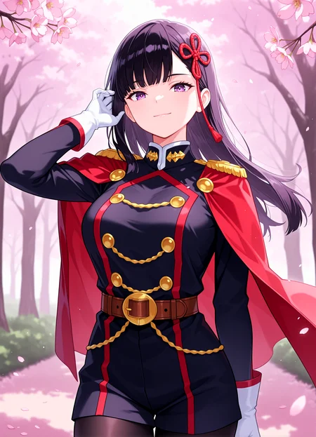 1girl,<lora:renyama_v2_sn75:1>, rrenyama, hair ornament, black military uniform, white gloves,  brown belt, epaulettes, red cape, pantyhose, slight smile, adjusting hair,
cowboy shot, upper body, portrait shot,
looking at viewer, cherry blossoms, petals, trees, atmospheric,
high resolution, ultra-detailed, absurdres, masterpiece, best quality, good quality, newest,